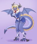 2017 alice_margatroid anthro big_breasts biped blonde_hair blush breasts clothing digitigrade dragon female fondling hair hi_res horn mythological_creature mythological_scalie mythology nipples non-mammal_breasts open_mouth scalie self_fondle simple_background solo standing tail thatweirdguyjosh tongue tongue_out torn_clothing touhou transformation wings