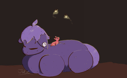 :3 ambiguous_feral ambiguous_gender eyes_closed feral fur hair looking_up neonate purple_body purple_fur purple_hair purple_tail quadruped red_body red_eyes red_fur red_hair side_view simple_background sitting size_difference sleeping tail young young_ambiguous young_feral julie_(artist) fluffy_pony ambient_arthropod ambient_firefly ambient_insect fluffy_pony_(species) mammal 2023 digital_media_(artwork) english_description shaded