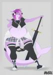 anthro belly big_belly clothed clothing female hair horn looking_at_viewer melee_weapon navel obese obese_anthro obese_female overweight overweight_anthro overweight_female smile solo standing sword weapon lazydez elmelie fish marine shark hi_res