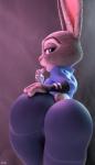 2016 3d_(artwork) anthro bedroom_eyes big_butt bottomwear butt claws clothing digital_media_(artwork) disney female finger_fetish finger_lick finger_play fingers fur grey_body grey_fur half-closed_eyes hand_on_butt hand_on_own_butt hi_res judy_hopps lagomorph leporid licking long_ears looking_at_viewer looking_back mammal narrowed_eyes nonojack pants presenting rabbit rear_view seductive signature simple_background solo spandex tight_bottomwear tight_clothing tight_pants tongue tongue_out zootopia