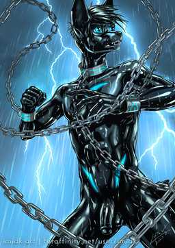abs anthro athletic athletic_male balls black_body black_hair black_penis blue_eyes bound chain chain_leash chained collar cuff_(restraint) electricity fighting_pose fist genitals glistening glistening_body glowing glowing_eyes glowing_markings hair humanoid_genitalia humanoid_penis latex latex_body latex_skin leash lightning male markings metal_cuffs nude open_mouth outdoor_nudity penis pose raining restraints shackled_neck shackled_wrists shackles solo spread_legs spreading standing teeth wet wet_body imiak imiak_(character) canid canine canis coyote mammal hi_res