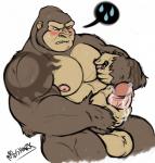 anthro balls biceps biped bite biting_lip biting_own_lip black_body black_fur blush bodily_fluids brown_balls brown_body brown_skin erection front_view fur genital_fluids genitals green_eyes holding_penis humanoid_genitalia humanoid_penis male masturbation muscular muscular_anthro muscular_male nipple_fetish nipple_pinch nipple_play nipples nude pecs penile penile_masturbation penis pinch pink_nipples pink_penis precum self_bite simple_background solo sweat tattoo teeth white_background manlyshark evane dax_(evane) ape gorilla haplorhine mammal primate 2015 digital_media_(artwork) hi_res pictographics signature