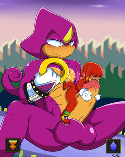 anthro balls big_balls big_penis bodily_fluids duo genital_fluids genitals growth hug huge_balls huge_penis hugging_another hugging_penis macro male male/male micro muscular muscular_male nipples oral penis precum shrinking size_difference size_transformation spread_legs spreading transformation flamez sega sonic_the_hedgehog_(series) espio_the_chameleon knuckles_the_echidna chameleon echidna lizard mammal monotreme reptile scalie absurd_res hi_res