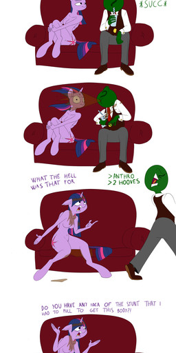 angry anthro arm_on_leg arms_bent arms_by_side arms_together bent_arm bent_legs bent_over beverage bottomwear breasts clothing cutie_mark dialogue extended_arm extended_arms eyewear feet feet_together female footwear furniture glasses group hair hands_on_legs hands_on_own_legs holding_beverage holding_both_legs holding_object horn humanoid_feet knees_pulled_up knock-kneed leaning_on_self legs_together male multicolored_hair necktie nude open_mouth outstretched_arm outstretched_arms outstretched_hand planted_leg plantigrade profanity shirt shoes shorts sitting smile sofa spread_arms straight_arms text toes topwear vest walking what_has_science_done wings anontheanon equestria_girls friendship_is_magic hasbro my_little_pony mythology anon sunset_shimmer_(eg) twilight_sparkle_(eg) twilight_sparkle_(mlp) equid equine human mammal mythological_creature mythological_equine winged_unicorn absurd_res english_text hi_res long_image tall_image