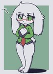 4_fingers anthro blush blush_lines bottomless bottomless_anthro clothed clothing eyewear female fingers floppy_ears frown fur glasses green_eyes necktie simple_background solo topwear white_body white_fur oagoner cave_story lagomorph mammal mimiga