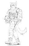 anthro armor belt combat_armor cybernetics facial_markings fur hands_on_hips head_markings headgear helmet machine male markings scarf solo utility_belt walking endjfcar electronic_arts titanfall_2 shay_khan felid feline felis mammal sand_cat wildcat absurd_res hi_res monochrome