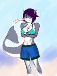 anthro big_breasts bikini blue_eyes blush bottomwear breasts cheek_pinch clothed clothing female hair non-mammal_breasts pinch pouting short_hair shorts simple_background solo standing swimwear two-piece_swimsuit magnesium_toast nova_whitesail fish marine shark 2017 3:4 digital_media_(artwork) hi_res