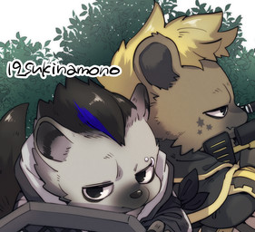 anthro chibi duo eyebrow_piercing facial_piercing gun holding_object holding_weapon looking_aside looking_at_viewer male markings piercing plant ranged_weapon rifle shield shrub simple_background sniper_rifle star_(marking) twitter_handle weapon white_background 19_sukinamono arknights hypergryph lifewonders live_a_hero studio_montagne roiker spot_(arknights) hyena mammal