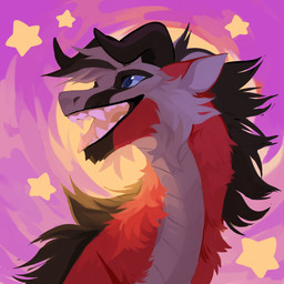 abstract_background ambiguous_gender black_body black_fur black_horn blue_eyes blue_pupils fangs feral fur glistening glistening_eyes grey_body grey_fur horn long_neck multicolored_body multicolored_fur open_mouth open_smile pink_tongue pupils red_body red_fur smile solo star teeth tongue unsigned corzh77 mythology dragon furred_dragon furred_scalie mythological_creature mythological_scalie scalie 1:1 absurd_res bust_portrait hi_res icon portrait