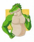 5_fingers anthro belly fingers green_body humanoid_hands looking_at_viewer male multicolored_body pecs pose smile smiling_at_viewer solo teeth teeth_showing white_body yellow_sclera q-nik cregon alligator alligatorid crocodile crocodilian reptile scalie half-length_portrait hi_res portrait