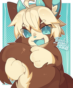 2_horns 3_fingers ambiguous_gender anthro big_tail biped blue_eyes blue_horn blue_mouth blue_nose brown_body brown_fur cute_fangs fangs fingers fur hair holding_tail horn kemono safe_nudity solo tail teeth white_body white_fur white_hair monu_0w0 domestic_cat felid feline felis mammal 2025 hi_res