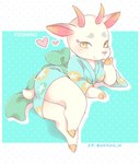 anthro asian_clothing breasts butt clothed clothing east_asian_clothing female fur heart_symbol hooves horn japanese_clothing kemono looking_at_viewer lying on_side simple_background smile solo white_body white_fur yellow_eyes yokikana_yk animal_crossing nintendo shino_(animal_crossing) deer mammal digital_media_(artwork)