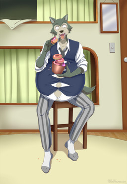 anthro belly big_belly bloated bottomwear chair clothing crumbs dessert doughnut eating food footwear fur furniture grey_body grey_fur holding_doughnut huge_belly male open_mouth overweight overweight_male pants pastry pink_frosted_sprinkled_doughnut sharp_teeth sitting socks solo sprinkles stuffing teeth tongue weight_gain tommysamash beastars legoshi_(beastars) canid canine canis mammal wolf absurd_res hi_res