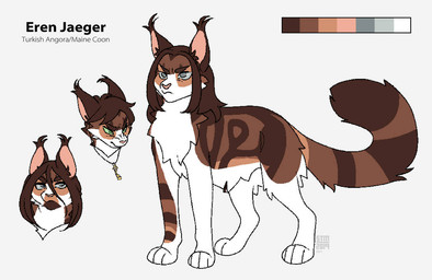 brown_body brown_fur brown_hair brown_markings dipstick_tail feral feral_with_hair feralized fluffy fur green_eyes grey_eyes hair jewelry key key_necklace long_legs long_tail male markings multicolored_body multicolored_fur necklace simple_background solo stripes tail tail_markings tan_body tan_fur white_background white_body white_fur silveyytm attack_on_titan eren_jaeger domestic_cat felid feline felis maine_coon mammal turkish_angora 2019