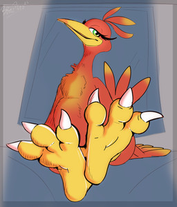 beak bed big_feet biped claws feathers feet female feral foot_focus foreshortening furniture green_eyes looking_at_viewer orange_body orange_feathers pose smile soles solo talons toes toony blitzpitz banjo-kazooie rareware kazooie avian absurd_res digital_drawing_(artwork) digital_media_(artwork) full-length_portrait hatching_(art) hi_res portrait shaded signature simple_shading