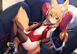 blonde_hair blush breasts clothed clothing female footwear frown fur furniture green_eyes hair hands_behind_head inner_ear_fluff inside jacket legwear looking_at_viewer looking_up lying on_back pillow shoes skimpy small_breasts sofa solo tan_body tan_fur thigh_highs topwear tuft konozawa kokonoe_tsubaki animal_humanoid canid canid_humanoid canine canine_humanoid fox_humanoid humanoid mammal mammal_humanoid 2021