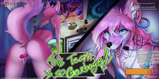 anthro anus black_nose blue_eyes bottomless butt chest_tuft clothed clothing curtains dialogue electronics eyelashes fangs female fur furgonomics genitals inner_ear_fluff inside leaning leaning_forward masturbation microphone monitor open_mouth pink_body pink_fur poster raised_tail sex_toy shirt solo standing tail tank_top teeth text topwear tuft vaginal vaginal_masturbation vibrator vulva stesha_di kunalyn pepe_the_frog canid canine fennec_fox fox mammal true_fox 2:1 english_text hi_res meme