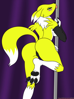 anthro armwear barefoot black_sclera blue_eyes breasts butt camel_toe claws clothing dancing elbow_gloves facial_markings feet female fur gloves handwear head_markings licking long_tail looking_at_viewer looking_back markings multicolored_body multicolored_fur pawpads paws pole pole_dancing rear_view seductive simple_background soles solo stripper stripper_pole tail thong toe_claws tongue tongue_out two_tone_body two_tone_fur underwear white_body white_fur yellow_body yellow_fur unskilledude535 bandai_namco digimon canid canine digimon_(species) mammal renamon 3:4 hi_res signature watermark