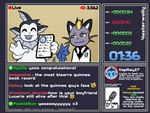 ambiguous_gender anthro blue_body blue_mouth brooch clothing fur grey_body grey_fur live livestream simple_background suit text white_body white_fur yasterwolly guinness_world_records nintendo pokemon alolan_form alolan_meowth eeveelution generation_1_pokemon generation_4_pokemon generation_7_pokemon lucario pokemon_(species) regional_form_(pokemon) vaporeon 4:3 english_text hi_res