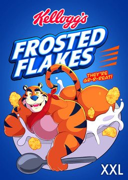 anthro ass_up barazoku bedroom_eyes big_butt big_muscles blue_background bowl bubble_butt butt butt_from_the_front cereal container cutlery deltoids dialogue eyebrows food fur holding_spoon huge_butt huge_muscles in_bowl in_container kerchief kitchen_utensils logo looking_at_viewer male mascot milk muscular muscular_anthro muscular_male narrowed_eyes neckerchief neckwear nude open_mouth open_smile pecs presenting presenting_hindquarters seductive simple_background smile solo spoon stripes talking_to_viewer teeth text thick_arms thick_thighs tongue tools tuft whiskers bigbchevalier frosted_flakes kellogg's tony_the_tiger felid mammal pantherine tiger 2025 absurd_res english_text hi_res