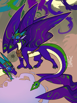 ambiguous_gender arm_tattoo aviator_goggles breath_powers double_wings elemental_manipulation feral fire fire_breathing fire_manipulation long_ears long_tail looking_at_viewer quadruped solo spread_wings tail tattoo tongue tongue_out travel_bag wings conditional_dnp elvche mythology dragon mythological_creature mythological_scalie scalie 2025 digital_media_(artwork) hi_res model_sheet