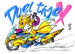 ambiguous_gender anthro blue_eyes card claws ear_piercing ear_ring fur motorcycle piercing ring_piercing smoke solo tomoe_(symbol) vehicle white_body yellow_body yellow_fur pablomelk_(artist) bandai_namco digimon konami yu-gi-oh! canid canine digimon_(species) mammal renamon_x x-digimon 2019 crossover