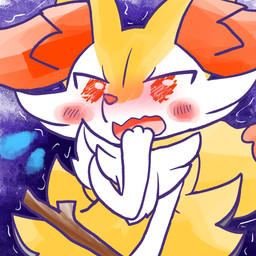 ambiguous_anthro ambiguous_gender anthro biped blush blush_lines blush_stickers blushing_profusely covering covering_mouth dipstick_tail embarrassed front_view holding_object holding_stick looking_at_viewer markings open_mouth simple_background solo stick tail tail_markings annyui0611 nintendo pokemon braixen canid generation_6_pokemon mammal pokemon_(species) 1:1 2024 digital_drawing_(artwork) digital_media_(artwork) half-length_portrait hi_res japanese_description portrait translated_description