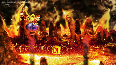 duo female fire lava male open_mouth text klausboss donkey_kong_(series) nintendo diddy_kong dixie_kong haplorhine mammal monkey primate english_text hi_res signature