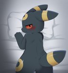 black_body black_ears black_fur black_tail blush butt fur looking_at_viewer looking_back looking_back_at_viewer lying on_front pillow rear_view solo tail yellow_ears yellow_tail sum nintendo pokemon eeveelution generation_2_pokemon pokemon_(species) umbreon hi_res