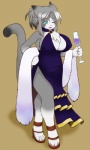 alcohol anthro beverage big_breasts biped breasts chest_tuft clothed clothing container cup dress drinking_glass female footwear fully_clothed fur glass glass_container glass_cup green_eyes grey_body grey_fur grey_hair hair high_heels holding_glass holding_object looking_at_viewer nipple_outline one_eye_closed open_mouth raised_tail sandals shoes simple_background solo standing tail tuft white_body white_fur wine_glass kurube domestic_cat felid feline felis mammal 3:5