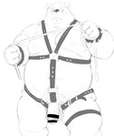 anthro balls bdsm belly bondage bound flaccid genitals harness humanoid_hands kemono leather leather_daddy male moobs nipples overweight overweight_male penis simple_background solo white_background hachirouta bear mammal 2021 censored hi_res monochrome