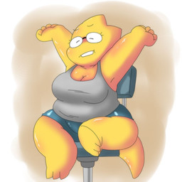 anthro bottomwear breasts chair cleavage clothed clothing eyes_closed eyewear female furniture glasses rectangular_glasses round_glasses scales shirt shorts sitting slightly_chubby slightly_chubby_female solo stretching swivel_chair tank_top topwear yellow_body yellow_scales alpi undertale undertale_(series) alphys lizard reptile scalie 1:1 2019 archived_source