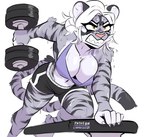 anthro athletic athletic_anthro athletic_female biped black_body black_fur bodily_fluids breasts claws clenched_teeth down_blouse dumbbell exercise female finger_claws fur grey_body grey_fur hair navel simple_background solo striped_body striped_fur stripes sweat teeth weights white_background white_body white_fur white_hair workout yellow_eyes capaoculta felid mammal pantherine tiger 2023 absurd_res digital_media_(artwork) hi_res