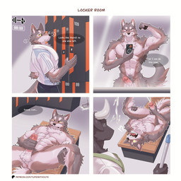 angry anthro anus athletic balls bench black_body bottomwear brown_body caught_in_the_act cleaner clothing clsoed_mouth dialogue duo ejaculation erection flexing flexing_bicep foreskin genitals holding_leg holding_penis humanoid_genitalia humanoid_penis locker_bench locker_room looking_around lying male male/male nervous nude on_back on_bench open_mouth pants penetration penile penile_penetration penis pubes retracted_foreskin selfie shirt side_view smile spread_legs spreading standing text topwear tupidwithouts bovid bovine canid canine canis cattle mammal wolf 1:1 absurd_res comic english_text hi_res url