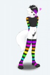 anthro brown_eyes clothing erection femboy fluffy fluffy_tail fur genitals legwear male midriff penis rainbow_colors simple_background smile solo stockings stripes tail white_background white_body white_fur vulpes_velox snow_(by_vulpes_velox) canid canine canis mammal wolf 2:3