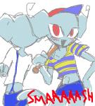 bat_(object) blue_body blue_skin clothed clothing crossgender female not_furry red_eyes solo text tomboy morphine_(artist) earthbound_(series) nintendo giygas ness ninten alien low_res sketch