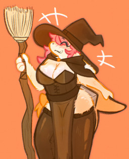 anthro big_breasts blush breasts broom brown_clothing cape cleaning_tool cleavage clothed clothing eyes_closed female fur hair hat headgear headwear holding_object holidays legwear red_hair solo tan_body tan_fur thick_thighs thigh_highs white_body white_fur wide_hips witch_costume witch_hat bunondemand halloween bailey_(bunondemand) lagomorph leporid mammal rabbit