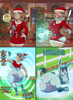 anus belt big_breasts black_sclera blue_body blush bodily_fluids breast_expansion breasts brown_hair busty_feral butt butt_expansion christmas_clothing christmas_headwear christmas_tree claws clothing day dialogue ear_expansion electronics exclamation_point expansion fang_growth feet female fence feral genital_fluids genitals grass growth hair hat headgear headwear heart_symbol holding_object holding_phone holidays human_to_feral humanoid_genitalia humanoid_genitalia_on_feral humanoid_vulva humanoid_vulva_on_feral ice inside looking_back looking_down mind_control open_mouth outside pawpads phone plant pokemon_speak presenting presenting_hindquarters question_mark raised_tail red_clothing santa_hat snow soles solo species_transformation speech_change surprised tail tail_growth text thick_thighs third_person_dialogue tongue tongue_out torn_clothing transformation transformation_sequence translation_within_image tree vaginal_fluids vulva wide_hips window flybeeth christmas nintendo pokemon canid canine eeveelution generation_4_pokemon glaceon human mammal pokemon_(species) 2026 comic digital_media_(artwork) english_text hi_res
