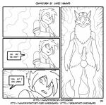 2017 amao ash_ketchum balls black_and_white canid canine canis clothed clothing comic dialogue digital_drawing_(artwork) digital_media_(artwork) duo english_text erection fully_clothed genitals hi_res human james_howard male mammal monochrome nintendo penis pokemon pokemon_trainer smaller_version_at_source solo_focus speech_bubble standing text transformation url wolf