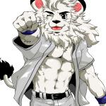 abs anthro baseball_uniform belt biped black_body black_fur blue_eyes bottomwear chest_tuft clothed clothing ear_markings facial_markings fist fur hair head_markings kemono looking_at_viewer male mane markings mascot muscular muscular_anthro muscular_male one_eye_closed open_clothing open_mouth open_shirt open_topwear pants partially_clothed shirt simple_background solo sportswear standing tail tail_tuft teeth tongue topwear tuft uniform whiskers white_background white_body white_fur white_hair wink chikuwabu nippon_professional_baseball saitama_seibu_lions leo_(saitama_seibu_lions) felid lion mammal pantherine 1:1