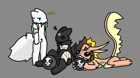 ambiguous_gender anthro backpack ball band-aid bandage black_body black_eyes black_fur black_nose black_sclera blue_eyes chest_tuft confusion crotch_tuft dialogue dipstick_tail disoriented fur grey_background group humor hurt_expression lying male markings music nude on_front open_mouth orange_body orange_fur orange_tail_tip sharp_teeth simple_background sitting sitting_on_ground spiral spiral_eyes stunned tail tail_markings teeth teeth_showing text trio tuft white_body white_fur wounded yellow_body yellow_underbelly flmz casualties:_unknown gunsaw terraria aquatic arthropod canid canine canis dune_(gunsawian) expie_(gunsawian) fox gunsawian hybrid insect mammal milky_(gunsawian) murid murine rat rodent wolf 16:9 2026 animated digital_media_(artwork) english_text short_playtime sound video widescreen