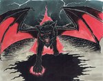 ambiguous_gender dark detailed_background fangs_bared fantasy feral imposing lightining solo supernatural wings nyghtmar3 mythology canid canid_demon canine canis demon hellhound mammal mythological_canine mythological_creature wolf traditional_media_(artwork)