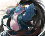 anthro beard belly blue_body facial_hair fighting_pose horn looking_at_viewer male mature_male musclegut muscular navel necktie nipples pecs pose solo guadr lifewonders mythology tokyo_afterschool_summoners qinglong_(tas) dragon mythological_creature mythological_scalie scalie 2024 hi_res