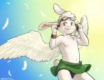 5_fingers anthro blush bulge clothed clothing eyewear eyewear_on_head feathered_wings feathers fingers fur goggles goggles_on_head green_eyes heterochromia male simple_background smile solo topless white_body white_feathers white_fur white_wings wings yellow_eyes young jeck rabbit_(jeck) lagomorph mammal skvader