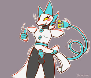 anthro balls big_ears blue_ears blue_hair blue_penis blush breasts curled_tail erection genitals gesture grey_background gynomorph hair hand_gesture intersex machine open_mouth penis presenting presenting_penis raised_tail revealing_penis short_hair simple_background slit_dress small_breasts smile solo tail text thumbs_up yellow_sclera lawyerdog deltarune undertale_(series) tasque_manager darkner robot robot_anthro 2021 artist_name