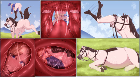 abdominal_bulge belly big_belly blonde_hair blue_eyes bodily_fluids brown_hair duo female female_prey feral feral_pred fur hair human_prey internal mouth_shot open_mouth oral_vore organs prey_imprint saliva stomach teeth tongue vore white_body white_fur papalotlart azur_lane equid equine horse human mammal absurd_res comic hi_res