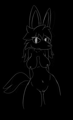 anthro breasts female genitals glowing glowing_eyes hair hands_behind_back humanoid_genitalia looking_at_viewer navel nipples nude solo vulva zenodos canid canine mammal 2025 black_and_white digital_drawing_(artwork) digital_media_(artwork) hi_res monochrome sketch