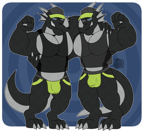 abstract_background anthro black_body claws clone clothing dorsal_fin dorsal_frill duo ear_fins fin flexing flexing_bicep frill_(anatomy) grey_body horn hypnosis hypnotic_eyes jockstrap male mind_control multicolored_body muscular muscular_anthro muscular_male pecs red_eyes ringed_eyes simple_background smile spines spiral spiral_background underwear wings nokucroc mythology negadrake dragon mythological_creature mythological_scalie scalie 2022 absurd_res hi_res