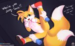 ambiguous_gender anthro bed blush canid canine clothing featureless_crotch floating_hands footwear fox furniture gloves handwear hi_res lying mammal miles_prower nude on_back on_side sega senz shoes solo sonic_the_hedgehog_(series) spread_legs spreading text url