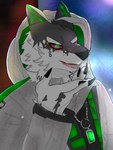 anthro fur green_eyes hood jewelry long_coat male multicolored_body multicolored_fur necklace red_sclera solo reikimei lifewonders live_a_hero monomasa canid canine canis domestic_dog husky mammal nordic_sled_dog spitz 3:4 hi_res